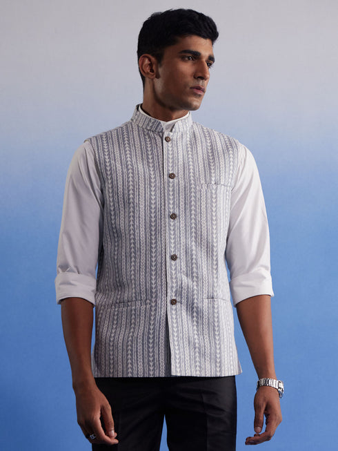 Vastramay Men's Grey Aztec Print Nehru Jacket